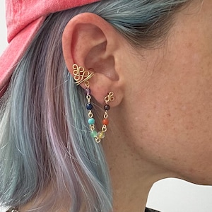 chakra ear cuff stud set with chain, asymmetrical stud earring set, rainbow crystal earrings, unalome ear cuff