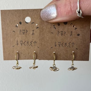 Saturn ear hugging hoop earrings in brass, copper or sterling silver