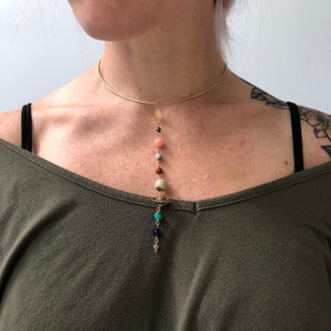 Solar system choker necklace in brass, copper or sterling silver, crystal planet necklace