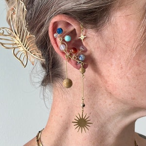 Ear climber solar system ear cuff with crystal planets, earrings for non pierced ears