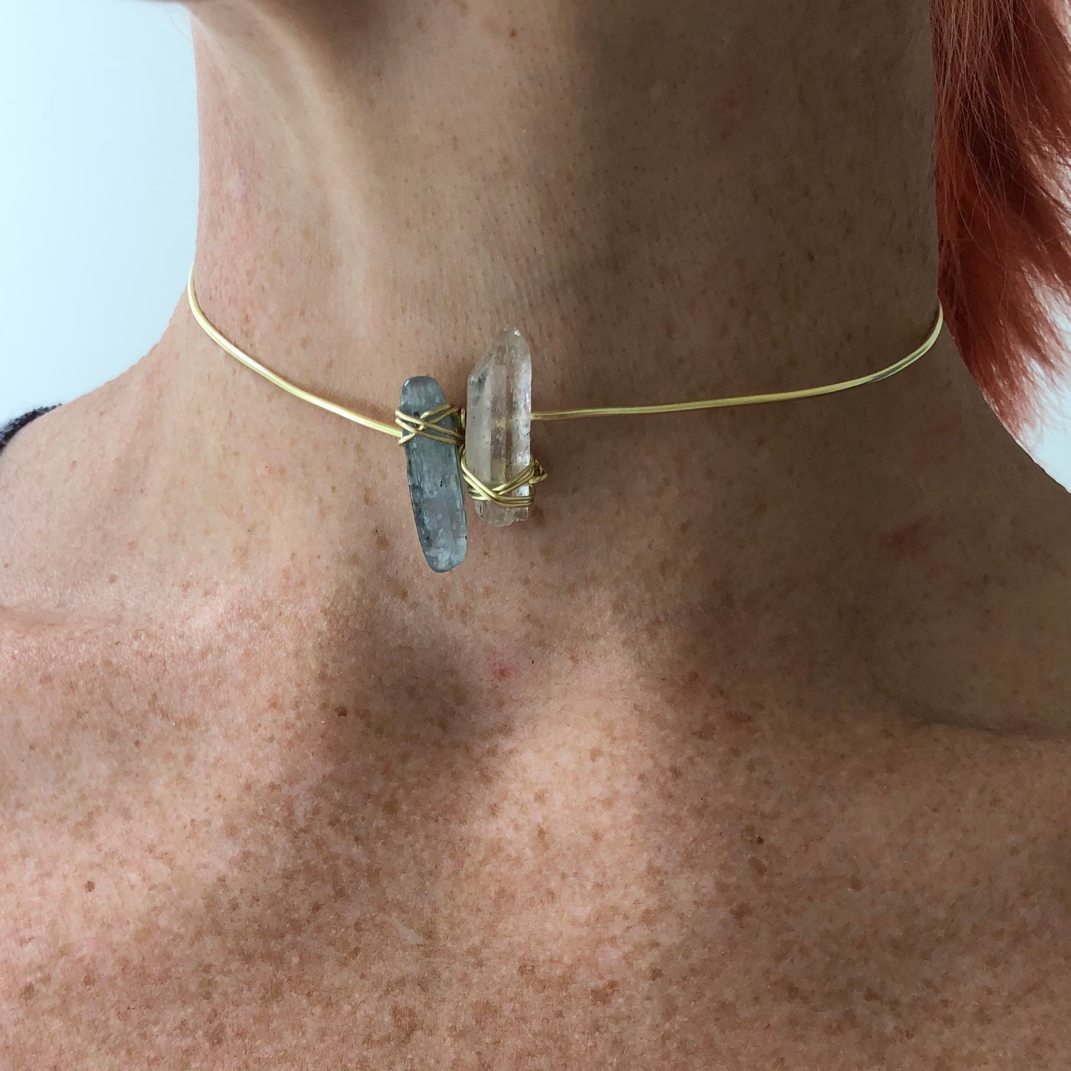 Blue Kyanite and quartz throat chakra cuff choker necklace Etsy Polska
