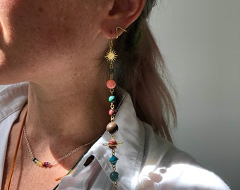 Crystal Planet Solar System Earrings: Long Celestial Jewelry