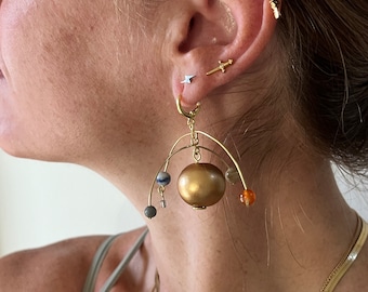 Crystal Planet Mobile Earrings: Brass Solar System Jewelry