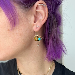 Tigers Eye Saturn Earrings: Brass Orbit Fidget Jewelry