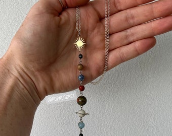 Sterling Solar System Necklace: Crystal Planet Charm, Brass Sun