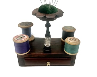 Antique Victorian Mahogany Mini Table Sewing Stand - Cotton Reel Holder - Thimble Holder - Home Decor - Sewing