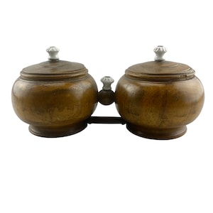 Victorian Treen Double Oak Bowls - Porcelain Handles - Treen - Scotland