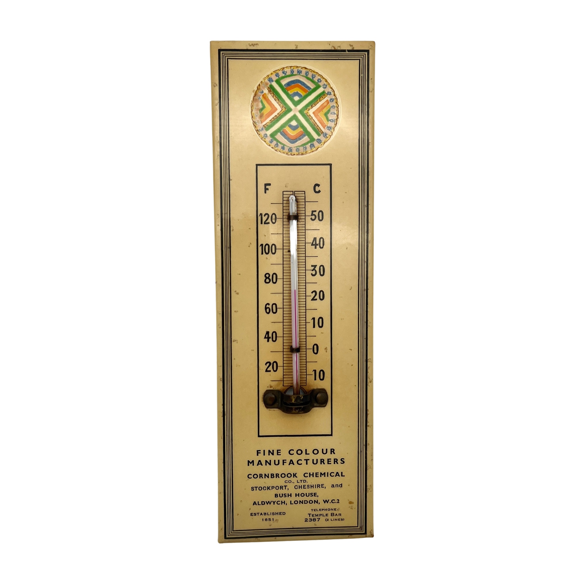Vintage Cornbrook Chemical Co Ltd Tin Thermometer - Fine Colour Manufacturers - Cheshire & London - Advertising - Home Decor