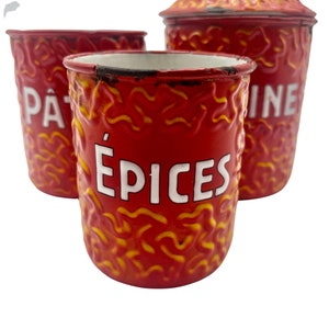 Vintage French Enamel &quot;Epices&quot; Storage Tin - Spices Storage - Flame - Kitchenalia
