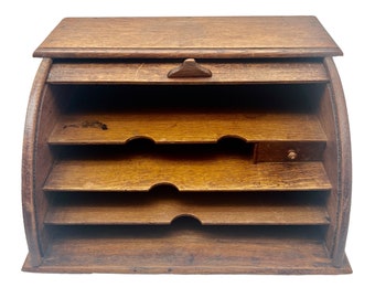 Grande armoire à papeterie ancienne en chêne - Étagère à papeterie ancienne - Boîte de rangement de bureau - Tambour - Bibliothèque - Bureau