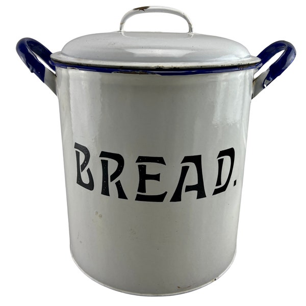Large Vintage Enamel Circular Bread Bin - Blue & White -Storage -  Kitchenalia