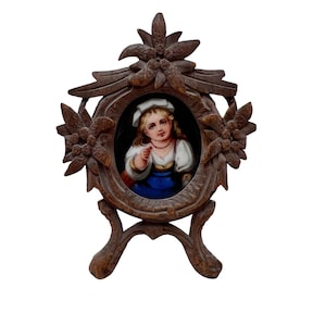Antique Small Black Forest Frame with Ceramic Plaque - Treen - Home Decor