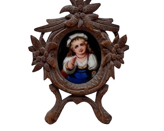 Antique Small Black Forest Frame with Ceramic Plaque - Treen - Home Decor