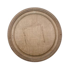 May include: A round, wooden serving tray with a raised edge and a decorative carved border. The tray has a natural wood grain finish and a light brown color. The center of the tray is slightly recessed.
