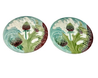 Antique Pair of French Majolica Asparagus Plates - Asparagus - Thistles - Kitchenalia - Home Decor