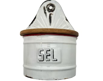 Contenedor de sal de esmalte francés vintage de 1930 - Sel - Colgante de pared - Kitchenalia