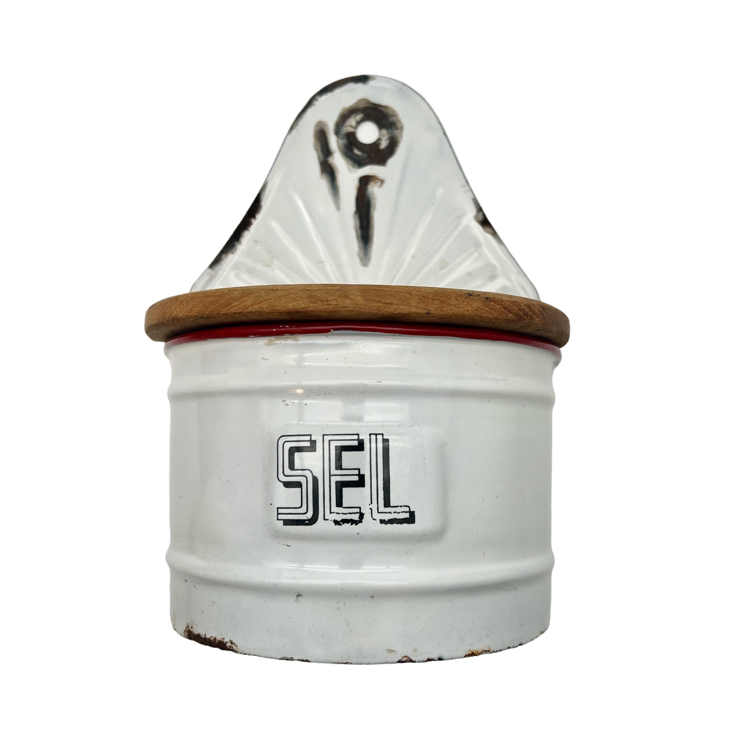 Vintage 1930's French Enamel Salt Container - Sel - Wall Hanging - Kitchenalia