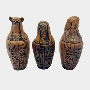 Vintage Set of 3 Wood Carved Egyptian Canopic Jars - Treen