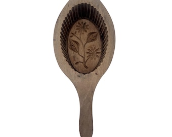 Antique French Wooden Butter Mould - Butter Press - Floral Pattern - Hand Carved - French Farmhouse Decor - Dairy - Kitchenalia