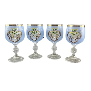 Vintage Set of 4 Bohemian Crystal Hand Painted Glasses - Floral Decoration - Home Decor
