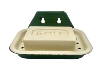 Vintage Enamel Soap Dish - Green and Cream - Bathroom Decor - Kitchenalia