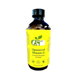 May include: A yellow bottle of RelievedPet Liposomal Vitamin C Immune-Boosting Formula. The bottle is 8 fl oz (237 ml) and has a black cap. The bottle is on a white background.