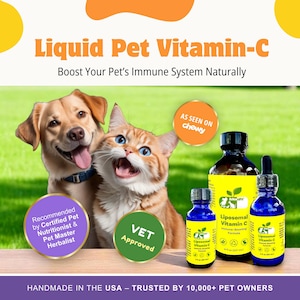 May include: A dog and cat are sitting on a green grassy surface. There are three bottles of liquid pet vitamin C, labeled "Liposomal Vitamin C Immune-Boosting Formula". The bottles are on a wooden surface. The text "As Seen On Chewy" is in a yellow circle. The text "VET Approved" is in a green circle. The text "Recommended by Certified Pet Nutritionist & Pet Master Herbalist" is in a red circle. The text "Handmade in the USA - Trusted by 10,000+ Pet Owners" is at the bottom of the image.
