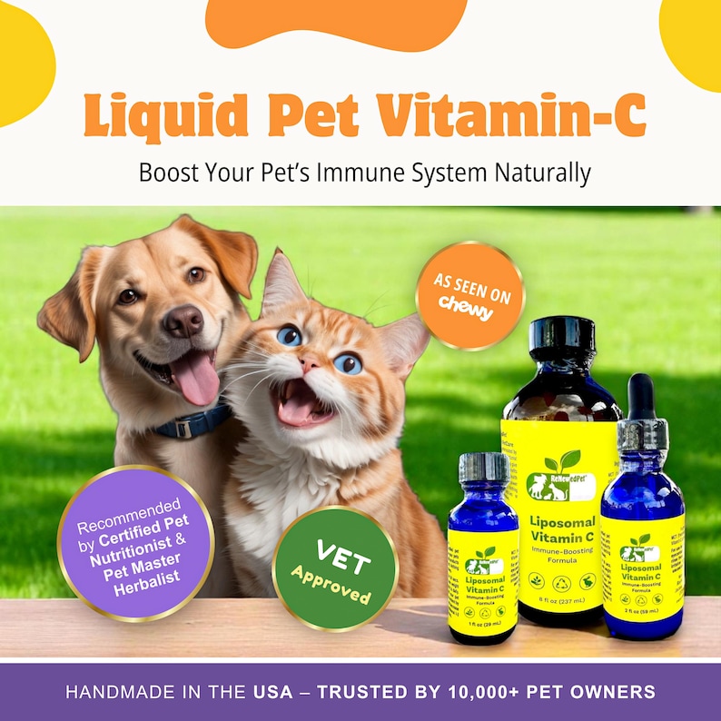 May include: A dog and cat are sitting on a green grassy surface. There are three bottles of liquid pet vitamin C, labeled "Liposomal Vitamin C Immune-Boosting Formula". The bottles are on a wooden surface. The text "As Seen On Chewy" is in a yellow circle. The text "VET Approved" is in a green circle. The text "Recommended by Certified Pet Nutritionist & Pet Master Herbalist" is in a red circle. The text "Handmade in the USA - Trusted by 10,000+ Pet Owners" is at the bottom of the image.