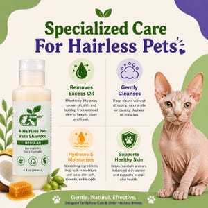 May include: A bottle of ReNewedPet 4-Hairless Pets Bath Shampoo, 4 fl oz, featuring a white label with green text and icons. The bottle is surrounded by coconut and honey imagery, with text detailing benefits for hairless pets and a Sphynx cat nearby.