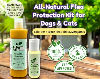 Champú natural antipulgas y garrapatas + kit repelente para perros y gatos - Cuidado orgánico a base de hierbas para mascotas
