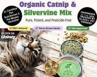 Mezcla orgánica de hierba gatera y vid plateada para gatos / Mezcla premium de hierba gatera natural / Recambio para juguetes de gatos / Golosina para el enriquecimiento ambiental de gatos / Hierba gatera sin pesticidas