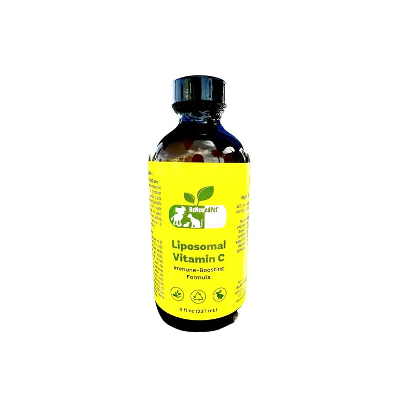 May include: A yellow bottle of RelievedPet Liposomal Vitamin C Immune-Boosting Formula. The bottle is 8 fl oz (237 ml) and has a black cap. The bottle is on a white background.