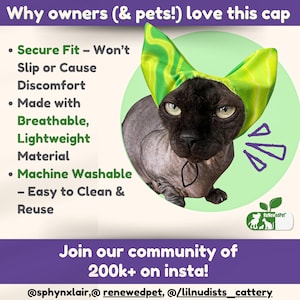 Puede incluir: Un gato sin pelo con una gorra de patrón verde y amarillo. La gorra tiene un ajuste seguro y está hecha con material transpirable y ligero. El texto en la imagen dice "Why owners (& pets!) love this cap" y "Join our community of 200k+ on insta!"