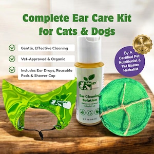 All-natural pet ear care kit, Organic dog ear cleaning set, Cat Ear Care Kit - Reusable Cotton Pads, Pet Shower Cap, & Ear Cleaning Solution