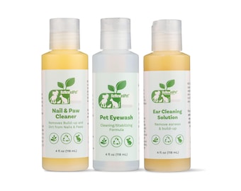 Paquete de cuidado natural para mascotas: limpiador de oídos, lavaojos y patas; kit de aseo holístico orgánico; cuidado veterinario para perros y gatos.