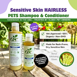 May include: Two amber glass bottles of pet shampoo and conditioner for hairless pets with sensitive skin. The bottles are labeled "Renewed Pet" and feature a small illustration of a dog. The shampoo bottle is 8 fl oz (237 ml) and the conditioner bottle is 4 fl oz (118 ml). The bottles are sitting on a wooden surface. The text "Sensitive Skin Hairless Pets Shampoo & Conditioner" is at the top of the image. The text "Handmade in the USA - Trusted by 10,000+ Pet Owners" is below the product name. The text "Vet-Approved. 100% Organic. Non-GMO" is on the right side of the image. The text "Made for Rash-Prone, Dry, Sensitive Skin" is below the previous text. The text "Bonus Exfoliating Gloves" is below the previous text. The text "By A Certified Pet Nutritionist & Pet Master Herbalist" is below the previous text. The text "As Seen On Chewy" is in a green circle in the upper left corner of the image. A gold star with the text "Best Seller" is in the upper right corner of the image.