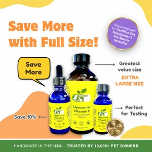 May include: Three bottles of Liposomal Vitamin C for pets, in different sizes. The largest bottle is 8 fl oz (237 ml), the medium bottle is 2 fl oz (59 ml), and the smallest bottle is 1 fl oz (30 ml). The bottles are blue with yellow labels and feature a green logo of a dog and cat. The text on the label reads "Liposomal Vitamin C Immune-Boosting Formula". The image also includes text that says "Save More with Full Size!" and "Save 10%".