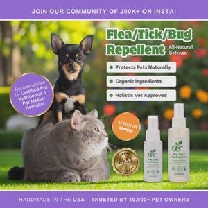 May include: Two pet spray bottles with a green label and white text that reads "Flea, Tick & Bug Repellent". The bottles are on a green surface with a black and white chihuahua and a gray cat in the background. The text "As Seen On Chewy" and "Best Seller" are visible in the image. The text "Handmade in the USA - Trusted by 10,000+ Pet Owners" is at the bottom of the image.