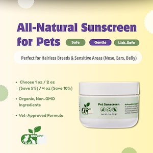 May include: A white jar of ReNewed Pet all-natural pet sunscreen with a green leaf logo. The jar is labeled "Pet Sunscreen" and has a net weight of 1 oz (28 g). The product is safe, gentle, and lick-safe. It is perfect for hairless breeds and sensitive areas like the nose, ears, and belly.