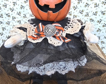 Handmade Pumpkin Head Music Box Doll | Vintage Halloween Folk Art Shelf Sitter