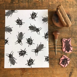 Rubber stamp | hand carved stamp | mounted or unmounted | beetle | ladybug stamp | floral design | insects | animals