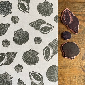 Set of 3 rubber stamps | Set B | hand carved stamp | mounted on wood | stamping | shell | sea | pattern