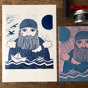 lino print original printing A3 size sailor illustration sea print print made with rubber block limited edition image 3