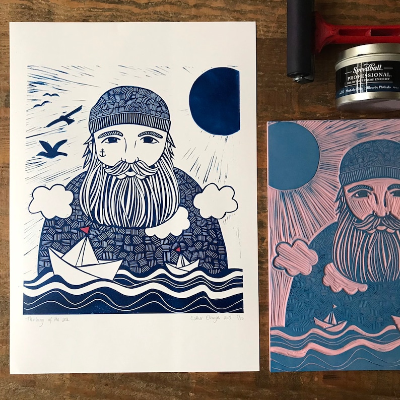 lino print original printing A3 size sailor illustration sea print print made with rubber block limited edition image 3