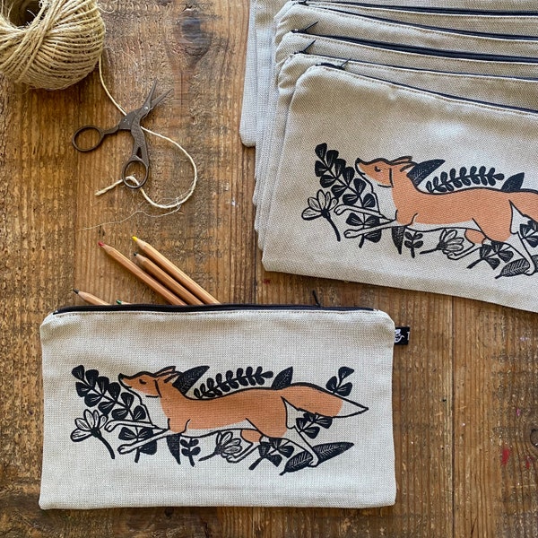 zipper pouch | pencil case | make-up bag | cosmetics bag |  hand stamped print | fox | autumn