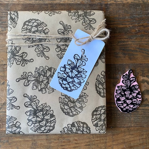 Rubber stamp  | pine cone | hand carved stamp | mounted or unmounted | illustration | autumn design | wrapping paper | pine