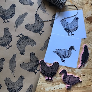 Rubber stamp bird hand carved stamp mounted or unmounted bird illustration animal design chicken duck image 3