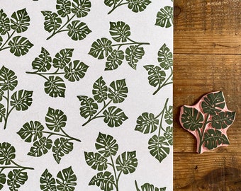 Rubber stamp | hand carved stamp | mounted or unmounted | monstera | tropical leaf | floral design | spring | Scandinavian