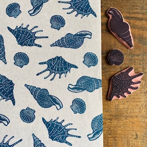 Set of 3 rubber stamps | Set A | hand carved stamp | mounted on wood | stamping | shell | sea | pattern