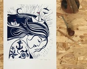 lino print original printing A3 size sailor illustration sea print print made with rubber block limited edition